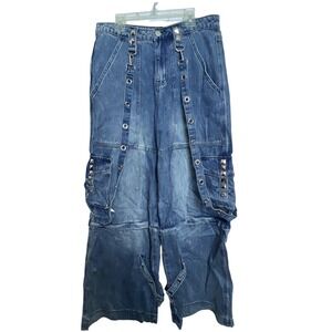 Current Mood Men Distressed Denim Cargo Pants Studded Straps Pockets M Goth Rave